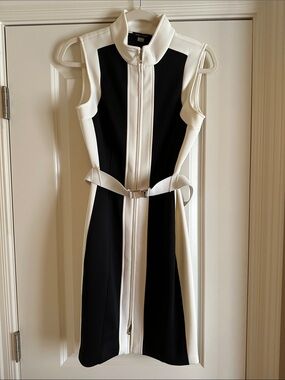 Tommy Hilfiger Black and White Zip-Front Sleeveless Dress with Belt